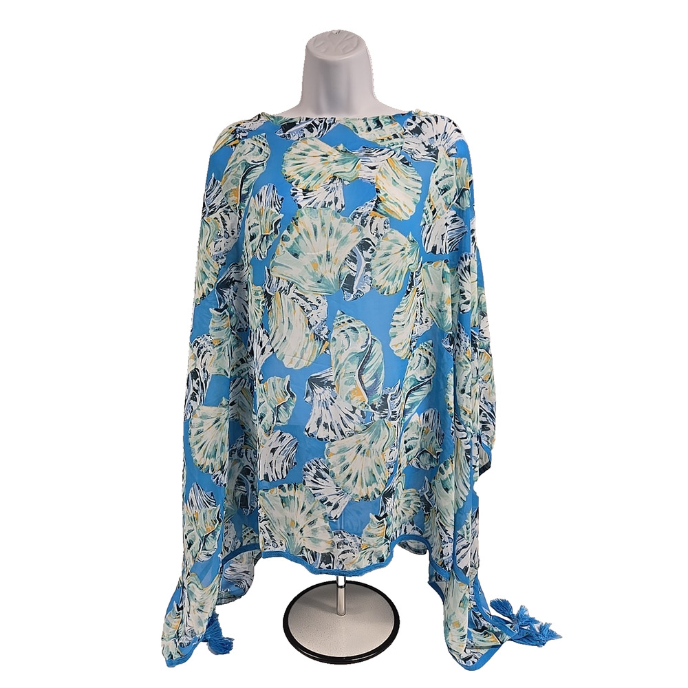 Chicos Womens Coastal Treasure Tassel Poncho Poolside Blue Sheer Size L/XL